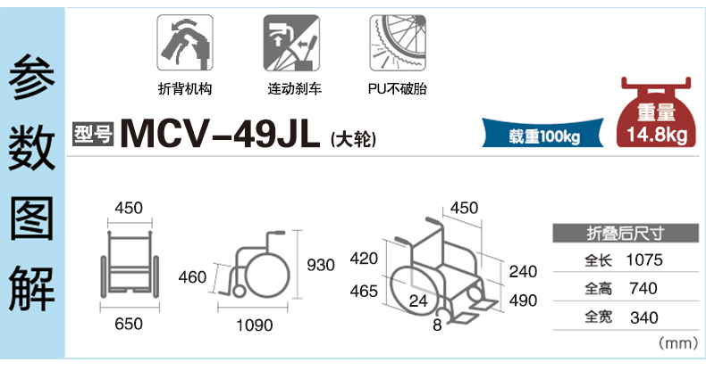 三貴MIKI輪椅車MCV-49JL 免充氣胎輕便折疊 鋁合金老人手推代步車